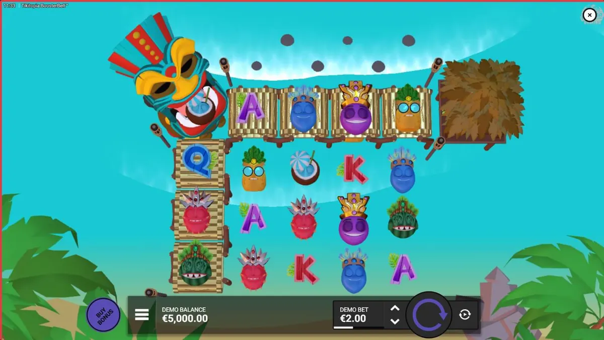 Interface vibrante do slot Tikitopia BoosterBelt com o totem Tiki e frutas animadas